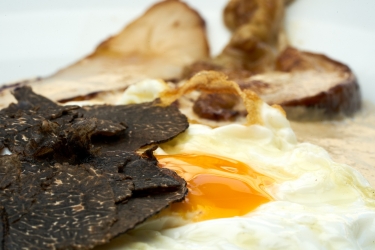 Saminhaän Huevos fritos trufados sobre crema de boletus con Trufa Negra de Soria