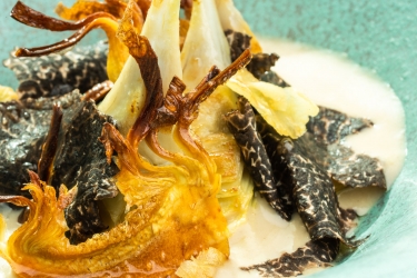 Alcachofas confitadas con salsa de paloma y Trufa de Soria
