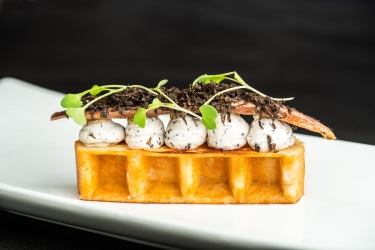 Lingote de gofre con crema de ricota y sardinas y Trufa negra