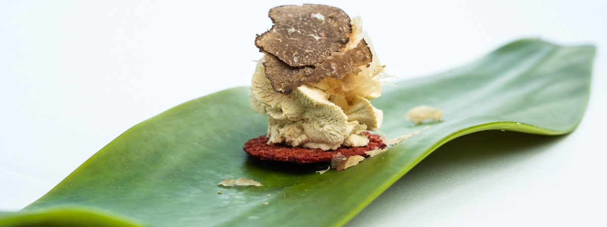 Los Villares _ pan de remolacha con un paté de mejillones con el bicho y algas y trufa crujiente